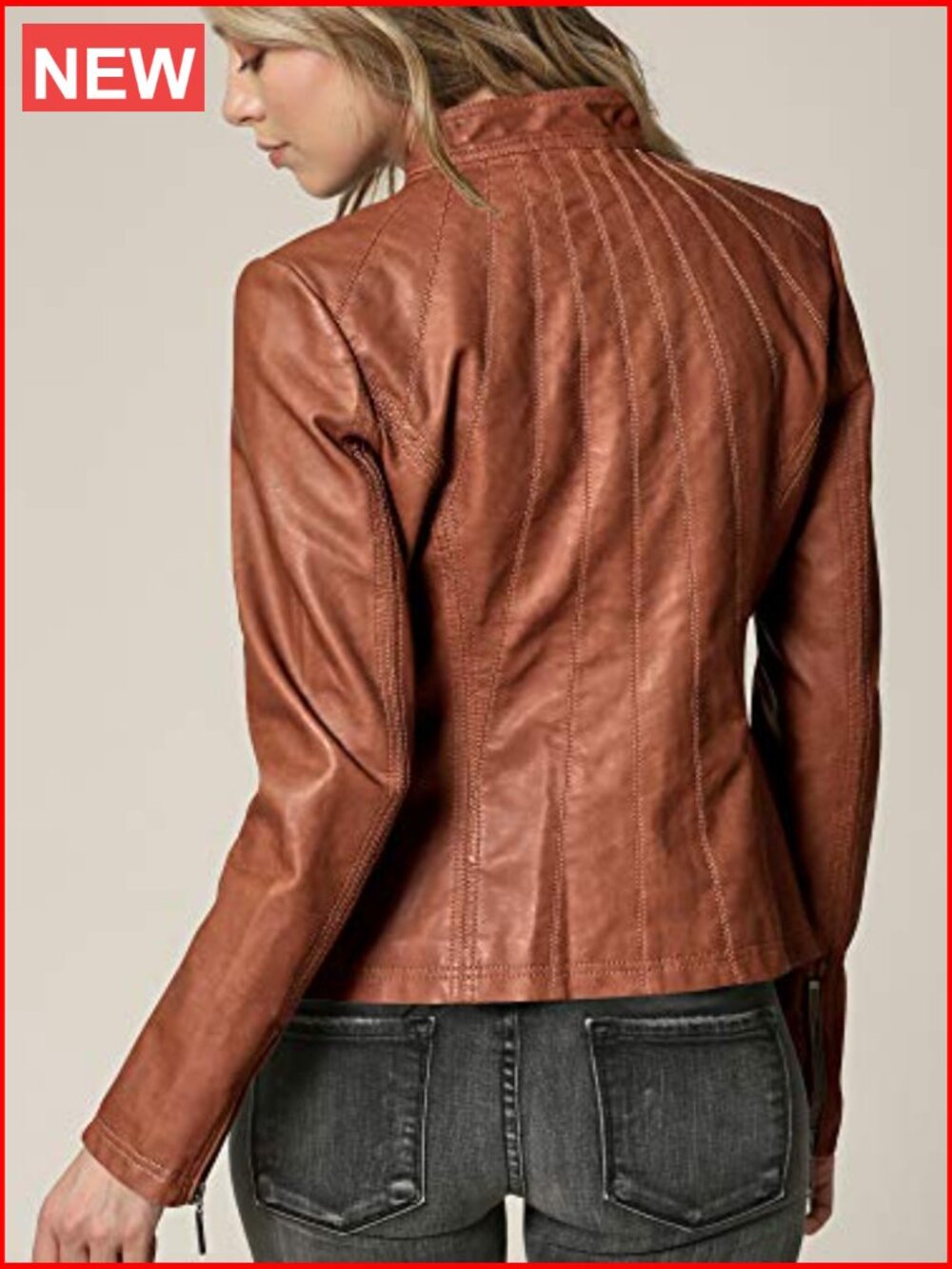 Faux Leather Moto Biker Jacket with Stitching Detail - Picture 3 of 7